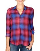 Lucky Brand Embroidered Plaid Top