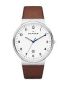 Skagen Mens Silvertone And Saddle Leather Watch