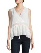 H Halston Embroidered Mesh-trimmed Surplice Top