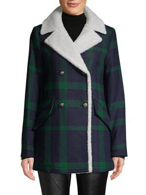 French Connection Faux Shearling-trim Plaid Double-breasted Coat