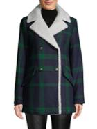 French Connection Faux Shearling-trim Plaid Double-breasted Coat