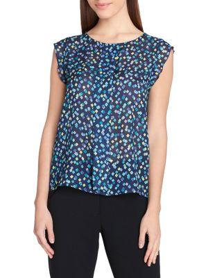 Tahari Arthur S. Levine Petite Pleated Dot Flutter Blouse