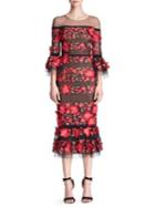 Marchesa Notte Quarter-sleeve Floral Embroidered Cocktail Dress
