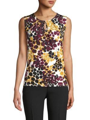 Kasper Printed Sleeveless Pleated Keyhole Top