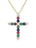 Lord & Taylor White Sapphire, Sapphire, Ruby, Emerald And 14k Gold Cross Pendant Necklace