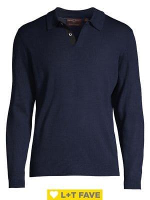 Black Brown Merino Wool Long-sleeve Polo Shirt