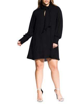 City Chic Plus Neck-tie Long Sleeve Tunic Dress