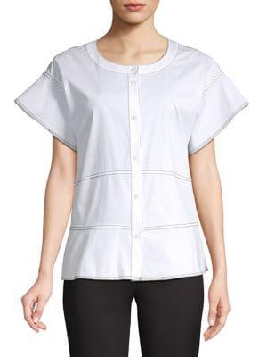 Donna Karan Piping Button Front Short Sleeve Blouse