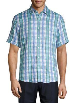 Michael Kors Linen Fletch Plaid Short-sleeve Shirt