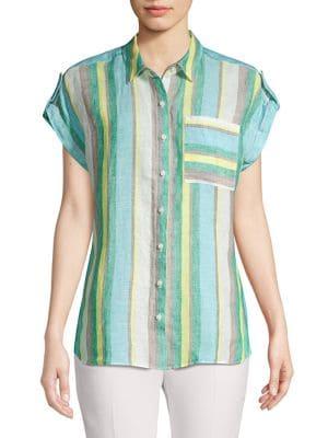 Lord & Taylor Petite Tabbed Short-sleeve Striped Linen Pocket Shirt
