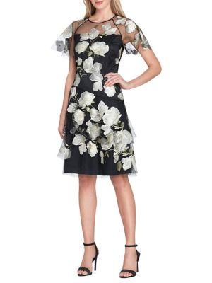 Tahari Arthur S. Levine Floral Embroidered Mesh Short Sleeve Dress