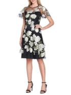 Tahari Arthur S. Levine Floral Embroidered Mesh Short Sleeve Dress