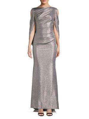 Betsy & Adam Cold Shoulder Drape Metallic Gown