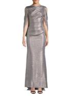Betsy & Adam Cold Shoulder Drape Metallic Gown
