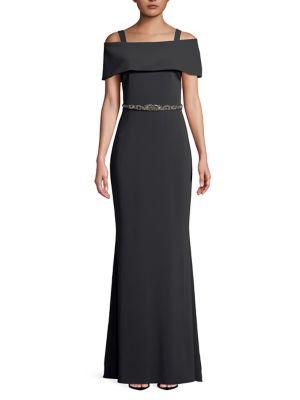 Badgley Mischka Platinum Belted Off-the-shoulder Gown