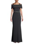 Badgley Mischka Platinum Belted Off-the-shoulder Gown