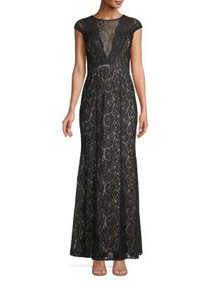 Xscape Lace Cap-sleeve Column Gown
