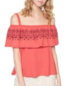 Sanctuary Embroidered Ruffle Cold Shoulder Top