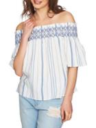 1.state Embroidered Smocked Off-the-shoulder Cotton Top