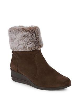 Anne Klein Conscious Suede And Faux Fur-trimmed Booties