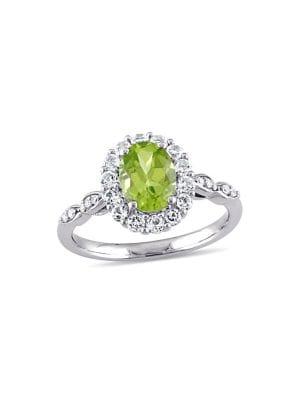 Sonatina 14k White Gold, Peridot, White Topaz & Diamond Halo Vintage Ring