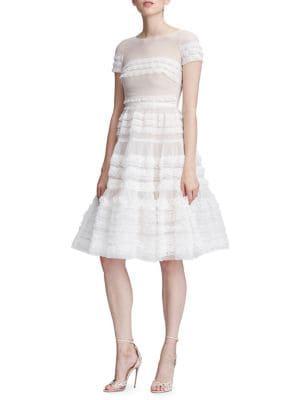 Marchesa Notte Lace Ruffle Trims Fit-&-flare Dress