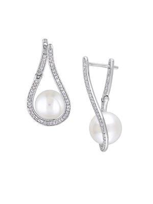 Sonatina 9-9.5mm Cultured Freshwater Pearl, Diamond And 14k White Gold Teardrop Earrings