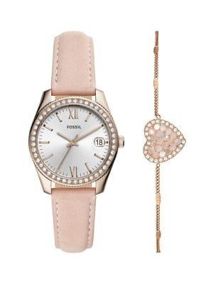 Fossil Scarlette Mini Stainless Steel Leather-strap Three-hand Watch & Bracelet Box Set