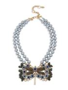Miriam Haskell Goldtone, Faux Pearl & Blue Crystal Dragonfly 2-row Necklace