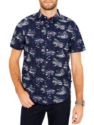 Nautica Classic-fit Linen-blend Printed Short-sleeve Shirt