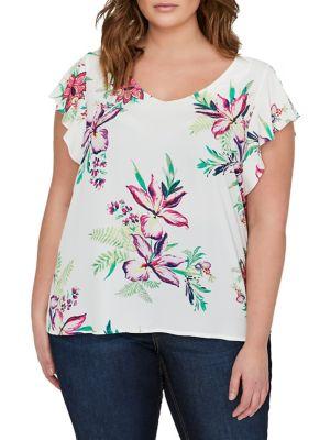 Addition Elle Michel Studio Plus Floral Mixed-media Ruffle Short-sleeve Top