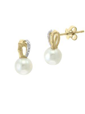 Effy Two-tone Gold, 7mm Round Freshwater Pearl & Diamond Drop Earrings