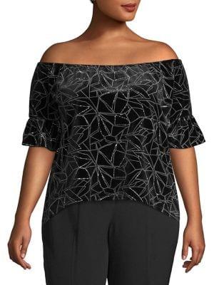 Quiz Plus Geometric Off-the-shoulder High-low Velvet Top