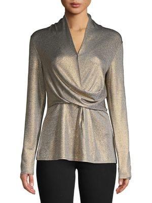 H Halston Drape-front Long-sleeve Top