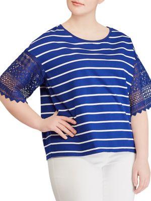 Lauren Ralph Lauren Plus Striped Bell-sleeve Cotton Top