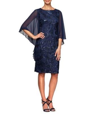 Alex Evenings Embroidered Capelet-sleeve Shift Dress