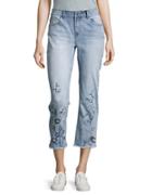Kensie Jeans Embroidered Frayed Hem Cropped Jeans