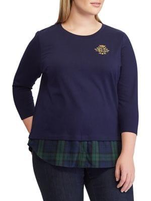 Lauren Ralph Lauren Plus Three-quarter Sleeve Layered Cotton Top