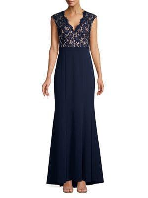 Eliza J V-neck Lace-bodice Gown