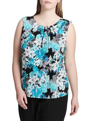Calvin Klein Plus Cami Printed Sea Glass Pleated Top