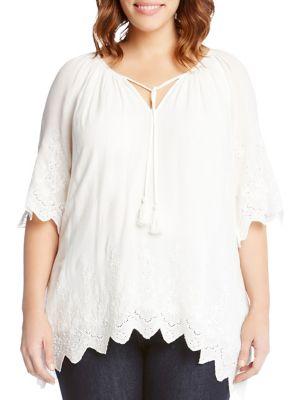 Karen Kane Plus Tied-neck Embroidered Border Peasant Top