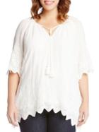 Karen Kane Plus Tied-neck Embroidered Border Peasant Top