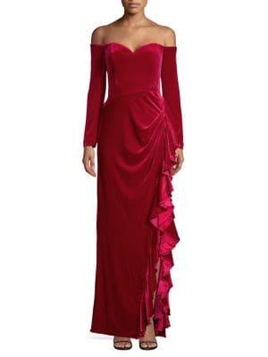 Badgley Mischka Platinum Velvet Off-the-shoulder Ruffle Slit Gown