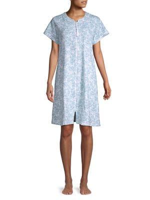 Miss Elaine Short-sleeve Floral Zip-front Night Gown