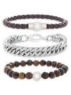 Lord & Taylor 3-piece Tiger's Eye, Braided Leather & Stainless Steel Cuban Link Bracelet Set