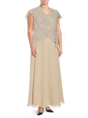 J Kara Drape-front Sequined Taupe Gown