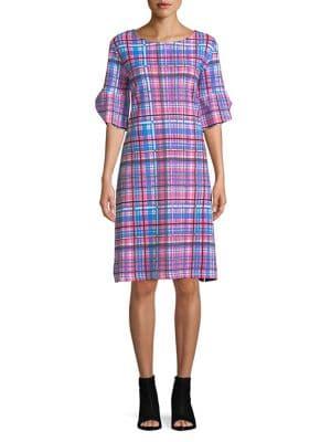Rafaella Plaid Bell-sleeve Cotton Shift Dress