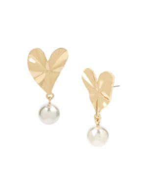 Bcbgeneration Goldtone And Faux Pearl Crinkle Heart Drop Earrings