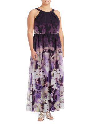 Betsy & Adam Plus Ombre Floral Halter Maxi Gown
