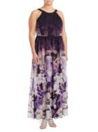 Betsy & Adam Plus Ombre Floral Halter Maxi Gown